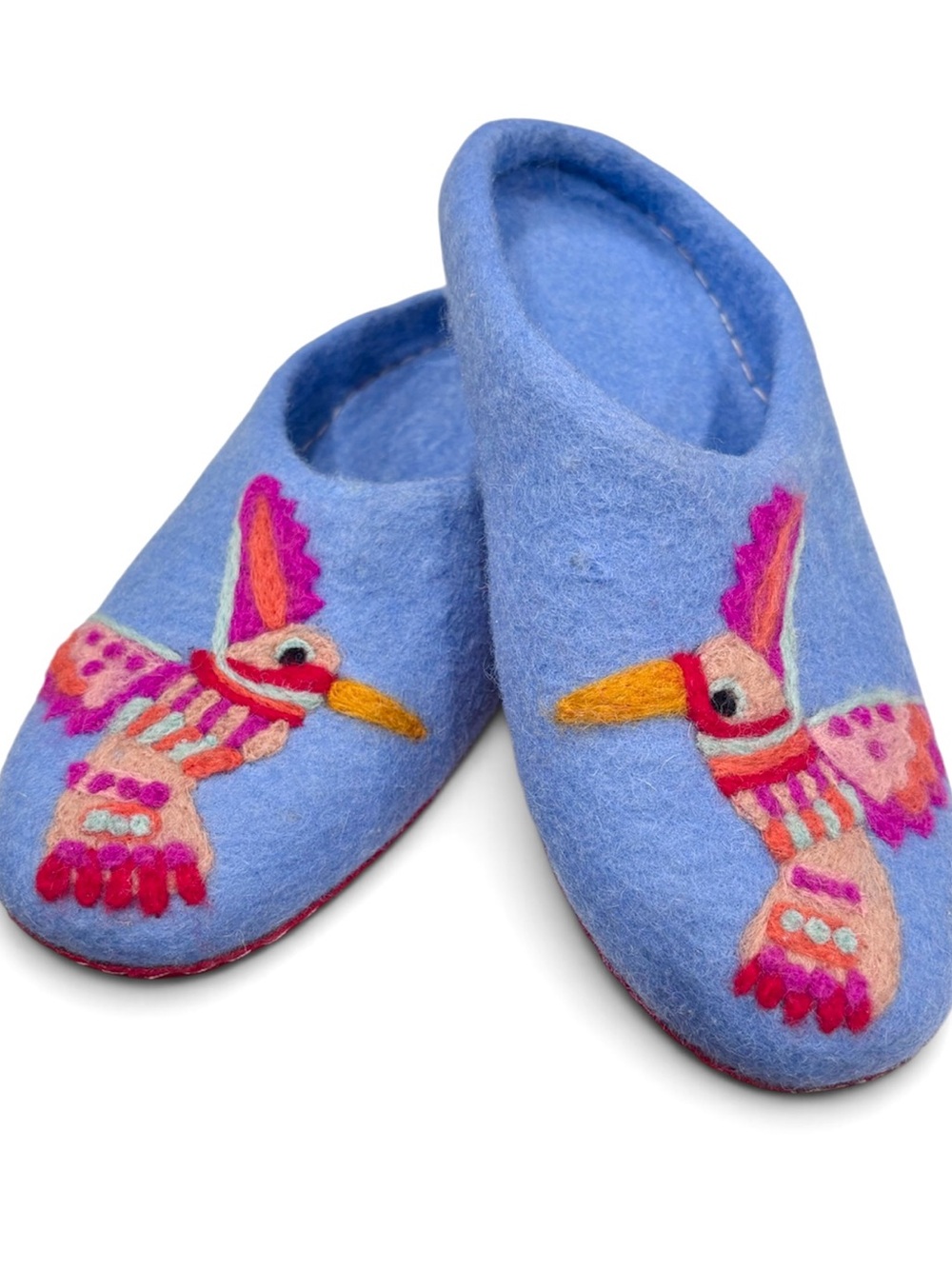 French knot Blue Felt Women's Slippers with Colorful Hummingbird Embroidery